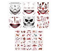 AYNKH Halloween tatouages temporaires effrayants, 6 feuilles de tatouage de visage complet d'horreur avec 30 feuilles de tatouage de corps, kits d'autocollants de maquillage pour adultes enfants
