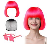AYNKH Kit Perruque Bob Rose Perruque Synthétique Droite Courte, avec Filet à Cheveux et Lunettes de Soleil Inclus, Accessoire de Déguisement Néon pour Cosplay, Soirées Halloween Style