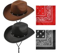 AYNKH Lot de 2 chapeaux et bandanas de cowboy en feutre - Accessoires occidentaux Texas Texan pour homme et femme - Pour Halloween, carnaval, Noël, festival, déguisement, fête