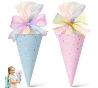 AYNKH Lot de 2 Cônes d’École Frère et Sœur Garçon Fille, Sacs Cadeaux en Tissu pour Bonbons Fournitures Scolaires, Mini Cornets d’École à Remplir avec Nœud, Rose et Bleu