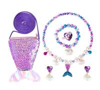 AYNKH Mermaid Jewelry Bag cadeau pour les filles, collier boucles d'oreilles bracelet bague petite fille oblique sac à bandoulière set, princesse cosplay dress up birthday party accessoires