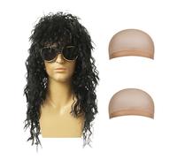 AYNKH Perruque disco en métal lourd des années 70 et 80 pour costumes d'Halloween - Rocking Dude, Hard Rocker, Rock Star Long Bouclé Noir Style Rocker Vintage avec 2 casquettes