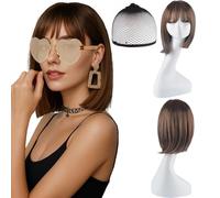 AYNKH Perruque disco femme courte, avec un réseau de cheveux, une chaîne et des lunettes de soleil pour un look unique, Convient pour la fêtecospaly, Le choix parfait pour la mode (light brown)