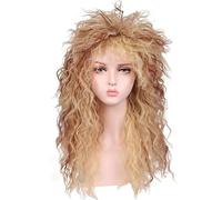 AYNKH Perruque rock marron clair des années 80, cheveux longs bouclés punk rock avec des reflets marron rougeâtres, convient pour les costumes d'Halloween, les soirées disco