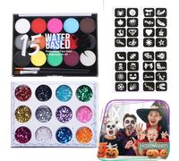 AYNKH Set de Maquillage 15 Couleurs, 33 Pièces à Base d'eau, Kit de Maquillage Enfants Non-Toxique avec Craie Cheveux,Pinceau,Corps et Le Visage, Séchage Rapide,Halloween,Carnaval