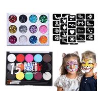 AYNKH Set de maquillage pour enfants 15 couleurs, 33 pièces à base d'eau non toxique avec craie pour cheveux, pinceau, peintures pour le corps et le visage, séchage rapide, idéal pour Halloween, carna