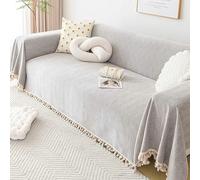 Ayoiow Housse De Canapé Waterproof Housse Canapé Gris Clair Housse Canapé Lit 4 Places Chenille Chevrons De Couleur Unie Texturés avec Pompon Housse De Canapé Relax