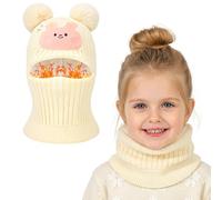 AYPOW Bonnet Cagoule Chaud d'hiver pour Enfant de 3 à 8 Ans, Mignon Pompom Chapeau Multifonction Thermique Coupe-Vent Ensemble Écharpe pour Filles Garçons, Chapeaux Masque Tricoté Doublé en Polaire