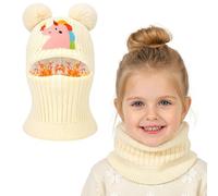AYPOW Bonnet Cagoule Chaud d'hiver pour Enfant de 3 à 8 Ans, Mignon Pompom Chapeau Multifonction Thermique Coupe-Vent Ensemble Écharpe pour Filles Garçons, Chapeaux Masque Tricoté Doublé en Polaire