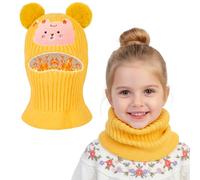 AYPOW Bonnet Cagoule Chaud d'hiver pour Enfant de 3 à 8 Ans, Mignon Pompom Chapeau Multifonction Thermique Coupe-Vent Ensemble Écharpe pour Filles Garçons, Chapeaux Masque Tricoté Doublé en Polaire