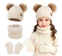 AYPOW Enfant Hiver 3 en 1 Ensemble Bonnet Echarpe Écran Tactile Gants 3-10 Ans, Chaud Tricoté Pompon Chapeau Tour de Cou Gants avec Doublure,Épaissir Accessoires Hiver Set pour Fille Garçon
