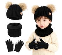 AYPOW Enfant Hiver 3 en 1 Ensemble Bonnet Echarpe Écran Tactile Gants 3-10 Ans, Chaud Tricoté Pompon Chapeau Tour de Cou Gants avec Doublure,Épaissir Accessoires Hiver Set pour Fille Garçon