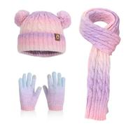 AYPOW Enfant Hiver 3 en 1 Ensemble Bonnet Echarpe Écran Tactile Gants 4-10 Ans, Chaud Tricoté Dégradé Pompon Chapeau Tour de Cou Gants avec Doublure,Épaissir Accessoires Hiver Set pour Fille Garçon