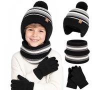 AYPOW Ensemble de Bonnet Écharpe Gants 3 en 1 pour 3-8 Ans Enfant,Chaud Tricoté Pompom Chapeau Tour de Cou Écran Tactile Gants avec Doublure,Épaissir Accessoires Hiver Set pour Fille Garçon