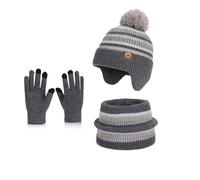 AYPOW Ensemble de Bonnet Écharpe Gants 3 en 1 pour 3-8 Ans Enfant,Chaud Tricoté Pompom Chapeau Tour de Cou Écran Tactile Gants avec Doublure,Épaissir Accessoires Hiver Set pour Fille Garçon