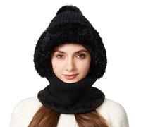 AYPOW Femme Hiver Chaud Tricoté Bonnet Et Ensembles De Cache-Cou, Doublé en Molleton Épais Doux Flexible Chapeau d'hiver avec Boule De Poils, Multifonction Réglable Masque Facial Cagoule De Plein Air