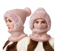 AYPOW Femme Hiver Chaud Tricoté Bonnet Et Ensembles De Cache-Cou, Doublé en Molleton Épais Doux Flexible Chapeau d'hiver avec Boule De Poils, Multifonction Réglable Masque Facial Cagoule De Plein Air