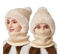 AYPOW Femme Hiver Chaud Tricoté Bonnet Et Ensembles De Cache-Cou, Doublé en Molleton Épais Doux Flexible Chapeau d'hiver avec Boule De Poils, Multifonction Réglable Masque Facial Cagoule De Plein Air