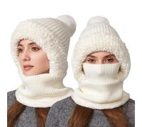 AYPOW Femme Hiver Chaud Tricoté Bonnet Et Ensembles De Cache-Cou, Doublé en Molleton Épais Doux Flexible Chapeau d'hiver avec Boule De Poils, Multifonction Réglable Masque Facial Cagoule De Plein Air