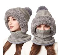 AYPOW Femme Hiver Chaud Tricoté Bonnet Et Ensembles De Cache-Cou, Doublé en Molleton Épais Doux Flexible Chapeau d'hiver avec Boule De Poils, Multifonction Réglable Masque Facial Cagoule De Plein Air