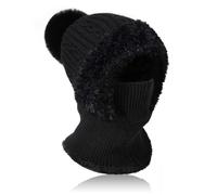 AYPOW Hiver Chaud Tricoté Bonnet et Ensembles De Cache-Cou, Balaclava Chapeaux Femme Écharpe à Capuche Cagoule Coupe-Vent Avec Pompon Doublure Polaire Masque Facial Pour De Plein Air