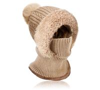 AYPOW Hiver Chaud Tricoté Bonnet et Ensembles De Cache-Cou, Balaclava Chapeaux Femme Écharpe à Capuche Cagoule Coupe-Vent Avec Pompon Doublure Polaire Masque Facial Pour De Plein Air