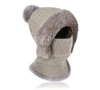 AYPOW Hiver Chaud Tricoté Bonnet et Ensembles De Cache-Cou, Balaclava Chapeaux Femme Écharpe à Capuche Cagoule Coupe-Vent Avec Pompon Doublure Polaire Masque Facial Pour De Plein Air