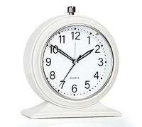 AYRELY® Petit réveil analogique de 10,2 cm - Horloge de bureau vintage silencieuse à piles avec veilleuse - Horloge de table en métal pour la maison, la chambre à coucher, l'étagère (blanc)