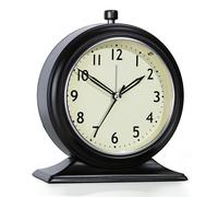 AYRELY® Petit réveil analogique de 10,2 cm - Horloge de bureau vintage silencieuse à piles avec veilleuse - Horloge de table en métal pour la maison, la chambre à coucher, l'étagère (noir)