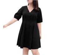 AYSDSKI Robe d'été pour femme - Grandes tailles - Longueur genou - Col en V - Robe d'été à manches courtes - Couleur unie - Mini robe plissée - L-3XL, Noir , 3XL