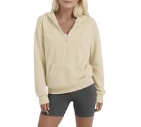 AYSDSKI Sweat à capuche pour femme - Couleur unie - En non-tissé - Demi-fermeture éclair - Sweat à capuche à manches longues - Pull basique tendance - Veste de sport, beige, M
