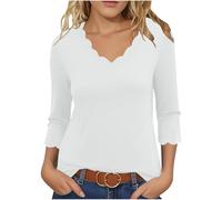 AYSDSKI T-shirt à manches 3/4 pour femme - Motif pétale - Col en V - Couleur unie - Basique - Élégant - Coupe ajustée, Blanc., XXX-Large