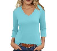 AYSDSKI T-shirt à manches 3/4 pour femme - Motif pétale - Col en V - Couleur unie - Basique - Élégant - Coupe ajustée, bleu clair, XXL