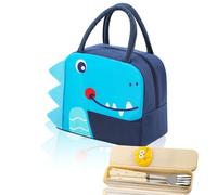 AYSYR Sac à déjeuner pour enfant - Étanche - Petit sac isotherme pour les déplacements - Mini sac isotherme pliable - Avec couverts - Pour l'école - Dinosaures de dessin animé
