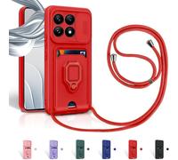 AYU-Cordon de Coque pour Xiaomi Mi 14T Pro,Couvercle Coulissant de la Caméra+Support Annulaire à 360 Degrés,Fentes pour Cartes Lanyard Silicone Case -Rouge