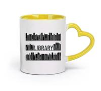 AYUEHBN céramique Tasse en céramique pour café, thé et cacao Livres Silhouettes Étagères Bibliothèque Logo （11oz/320ml） Cadeau de bureau unique pour femme et homme Jaune