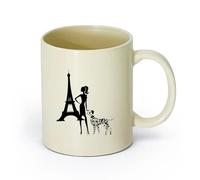 AYUEHBN céramique Tasse en céramique pour café, thé et cacao Mode Fille Dame Chien Tour Eiffel Paris （11oz/320ml） Utilisation au café ou au restaurant Hellgelb
