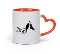 AYUEHBN céramique Tasse en céramique pour la maison et le bureau Pépinière Love Hearts Birds On Branch （11oz/320ml） Pour café, flocons d'avoine, thé, facile à nettoyer Orange