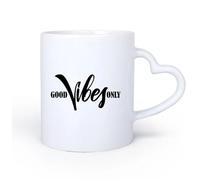 AYUEHBN Poignée en céramique en forme de cœur Coffret cadeau pour tasse à latte avec anse Méditation sur les bonnes vibrations uniquement 11oz/320ml Pour thé, chocolat chaud