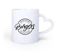 AYUEHBN Poignée en céramique en forme de cœur Tasse à thé en céramique Lettrage du logo des hamburgers végétariens, aliments sains 11oz/320ml Tasse à café en céramique pour cappuccino, thé, lait