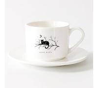 AYUEHBN Tasses en céramique pour café, lait, thé Mots Bonne nuit Chat sur une branche Lune （6oz/175ml） Cappuccino, latte macchiato, thé, expresso Service à thé tasse et soucoupe (blanc)