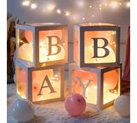 AYUHR-Boite Baby Shower Decoration Garçon, 4 Cube Baby Boite a Ballon Avec 4 Guirlandes Lumineuses 33 Lettres et Bleu Blanc Ballons pour Baby Shower, Gender Reveal Party Decoration, Bapteme, Annivers