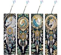 Ayuhr-Lot De 4 Marque-Pages De Peinture Diamant - Attrape-Rêves - Dragon - Feuilles - Diamant - Peinture Diamant - Broderie Au Point De Croix - Images D'art - Cadeau