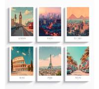 ayurvana: Lot de 6 planches Villes du monde A4 - Vintage Anime