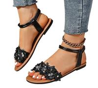 AYXAMO Sandales Femme éTé, Nu Pieds Femme éTé Sandales plates à fleurs for femmes, chaussures d'été légères et confortables, chaussures de plage, mode féminine, robe florale blanche(Black,36)
