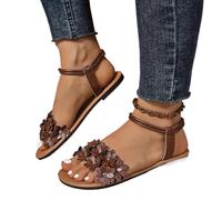 AYXAMO Sandales Femme éTé, Nu Pieds Femme éTé Sandales plates à fleurs for femmes, chaussures d'été légères et confortables, chaussures de plage, mode féminine, robe florale blanche(Brown,37)