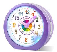 Ayybboo Réveil Enfant Fille Garçon,Horloge Analogique Pédagogique sans Tic-Tac avec Veilleuse et Snooze,Cadeau pour Chambre d'enfant, École, Anniversaire (Pourpre)