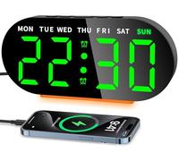 Ayybboo Réveil Numérique 7,09" avec Écran LED Géant,Veilleuse,Double Alarme,Luminosité Réglable,Snooze,Port USB de Charge,Horloge Digitale pour Enfants,Adultes (Vert)