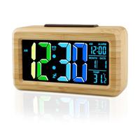 Ayybboo Réveil Numérique en Bois,Horloge Digitale avec Chiffres en Couleur et Grand Écran LCD,Capteur de Luminosité et Fonction Snooze,Alimentation par Batterie ou Câble (Câble de 1,5M Inclus)
