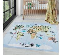 Ayyildiz Tapis Enfants à Poils Courts Motif de Carte du Monde Animaux Blanc Bleu - 100x150 cm
